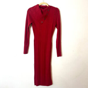 Guess Red Asymmetric Turtle Neck Bodycon Midi Sweater Dress Side Buttons XS